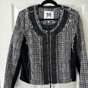 Milly Tweed Beaded Jacket with Faux Leather Accents Size 12